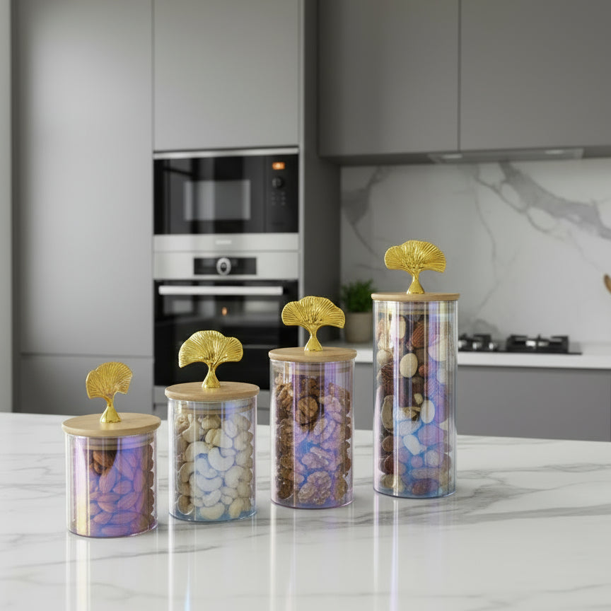 Set de bocaux décoratifs en verre irisé  avec couvercles en bois et poignée dorée