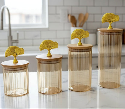 Set de bocaux décoratifs en verre irisé  avec couvercles en bois et poignée dorée