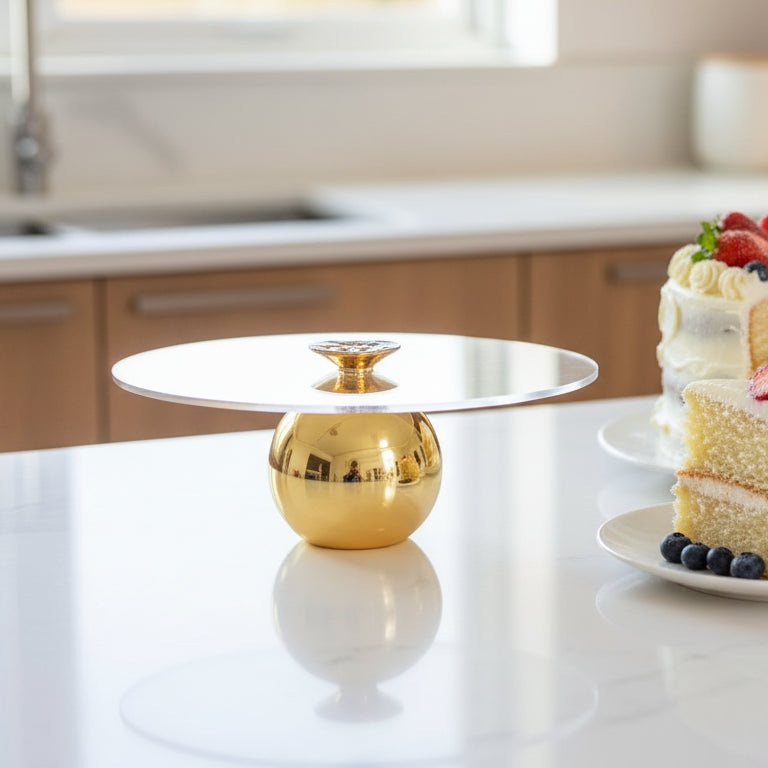 Présentoir à dessert en verre transparent et base dorée