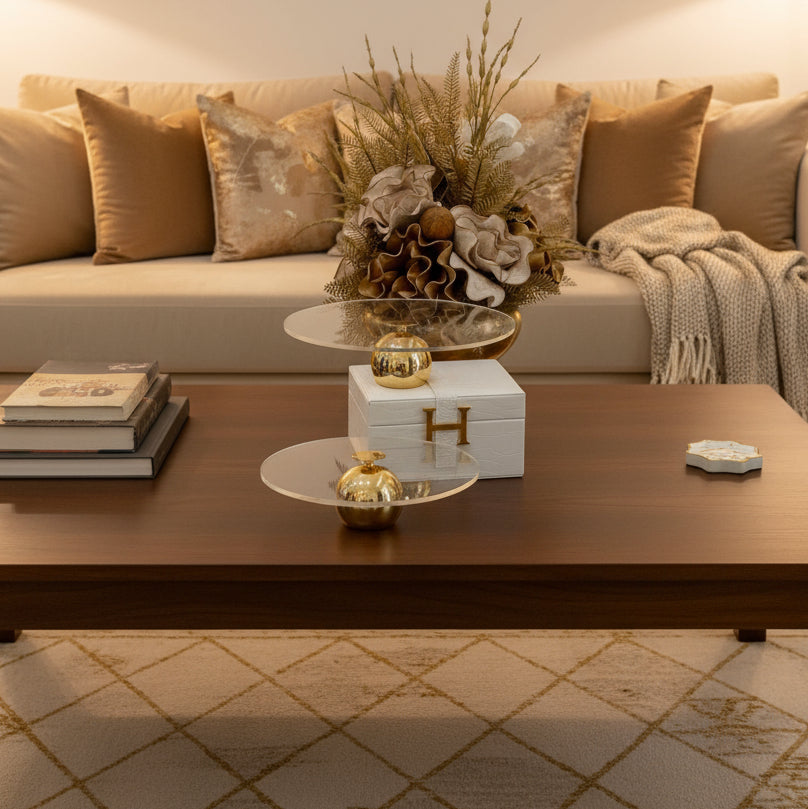 Présentoir à dessert en verre transparent et base dorée