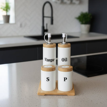Set d’assaisonnement Huilier, Vinaigrier, Sel & Poivre avec plateau en bambou