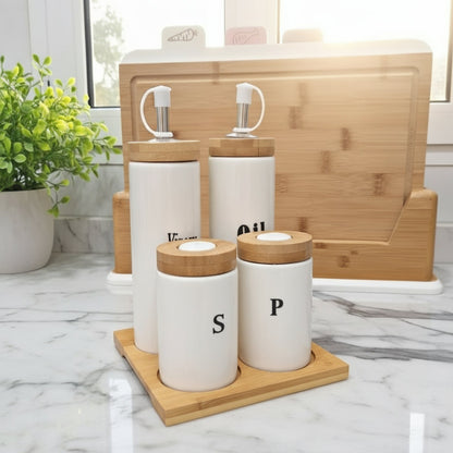 Set d’assaisonnement Huilier, Vinaigrier, Sel & Poivre avec plateau en bambou