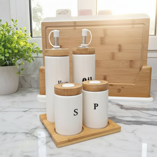 Set d’assaisonnement Huilier, Vinaigrier, Sel & Poivre avec plateau en bambou